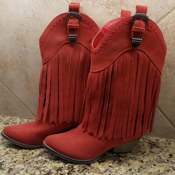 Very Volatile Shoes - Womens Red Fringe Very Volatile Cowgirl Boots